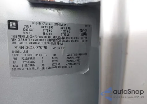 2011 Chevrolet Equinox Ls из США, поврежденный, VIN 2CNFLCEC4B6278976